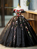 Ball Gown Black Tulle Long Prom Dress with Lace Flowers HZ1022