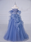 A-Line Blue Tulle Beaded Long Prom Dress HZ1022