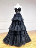 A-Line Black Sweetheart Neck Tulle Lace Long Prom Dress HZ1022