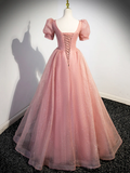 Beautiful Pink Tulle Floor Length Prom Dress with Short Sleeve HZ1022