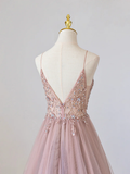 Pink V-Neck Tulle Long Prom Dress with Beaded HZ1022