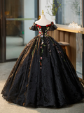 Ball Gown Black Tulle Long Prom Dress with Lace Flowers HZ1022