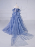 A-Line Blue Tulle Beaded Long Prom Dress HZ1022