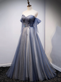 Blue Sweetheart Tulle with Lace Party Dress Prom Dress HZ1022