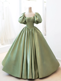 Ball Gown Sweet 16 Dress Green Satin Formal Evening Gown with Puff Sleeve HZ1022