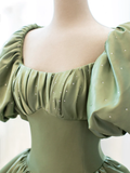 Ball Gown Sweet 16 Dress Green Satin Formal Evening Gown with Puff Sleeve HZ1022