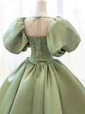 Ball Gown Sweet 16 Dress Green Satin Formal Evening Gown with Puff Sleeve HZ1022