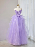 A-Line Sweetheart Neck Tulle Lace Applique Lilac Long Prom Dress HZ1022