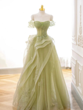 A-Line Off Shoulder Tulle Lace Green Long Prom Dress HZ1022