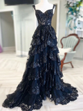 A-Line Sweetheart Neck Tulle Sequin Navy Blue Long Prom Dress HZ1022