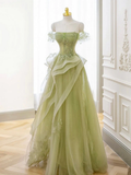A-Line Off Shoulder Tulle Lace Green Long Prom Dress HZ1022