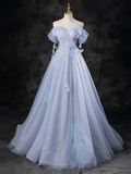 A-Line Sweetheart Neck Off Shoulder Tulle Gray Blue Long Prom Dress HZ1022