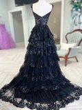 A-Line Sweetheart Neck Tulle Sequin Navy Blue Long Prom Dress HZ1022