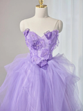 A-Line Sweetheart Neck Tulle Lace Applique Lilac Long Prom Dress HZ1022
