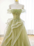 A-Line Off Shoulder Tulle Lace Green Long Prom Dress HZ1022