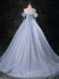 A-Line Sweetheart Neck Off Shoulder Tulle Gray Blue Long Prom Dress HZ1022