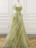A-Line Off Shoulder Tulle Lace Green Long Prom Dress HZ1022