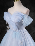 A-Line Sweetheart Neck Off Shoulder Tulle Gray Blue Long Prom Dress HZ1022