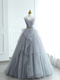 Ball Gown Gray Strapless Tulle Lace Long Prom Dress HZ1022