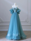 A-Line Sweetheart Neck Tulle Blue Long Prom Dress HZ1022