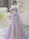 A-Line Off Shoulder Purple Tulle Long Prom Dress HZ1022