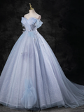 A-Line Sweetheart Neck Off Shoulder Tulle Gray Blue Long Prom Dress HZ1022