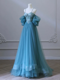 A-Line Sweetheart Neck Tulle Blue Long Prom Dress HZ1022