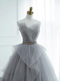 Ball Gown Gray Strapless Tulle Lace Long Prom Dress HZ1022