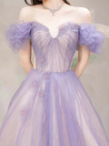 A-Line Off Shoulder Purple Tulle Long Prom Dress HZ1022