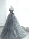 Ball Gown Gray Strapless Tulle Lace Long Prom Dress HZ1022
