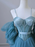 A-Line Sweetheart Neck Tulle Blue Long Prom Dress HZ1022