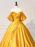 Ball Gown Sweet 16 Dress Yellow Off Shoulder Satin Long Prom Dress HZ1022