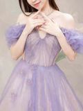 A-Line Off Shoulder Purple Tulle Long Prom Dress HZ1022