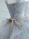 Ball Gown Gray Strapless Tulle Lace Long Prom Dress HZ1022