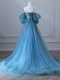 A-Line Sweetheart Neck Tulle Blue Long Prom Dress HZ1022