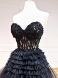 A-Line Black Sweetheart Neck Tulle Lace Long Prom Dress HZ1022