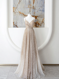Champagne Spaghetti Strap Sequins Long Prom Dress HZ1022