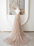 Champagne Spaghetti Strap Sequins Long Prom Dress HZ1022