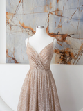 Champagne Spaghetti Strap Sequins Long Prom Dress HZ1022