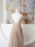 Champagne Spaghetti Strap Sequins Long Prom Dress HZ1022