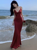 Sexy Mermaid Straps Backless Burgundy Prom Dress 21th Birthday Outfits HZ1022