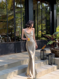 Sexy Mermaid Straps Gold Satin Prom Dress 21th Birthday Outfits HZ1022