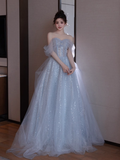 A line Off The Shoulder Tulle Gray Party Dresses Long Prom Dresses HZ1022
