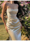 Sexy Mermaid Straps Ivory Satin Prom Dress 21th Birthday Outfits HZ1022