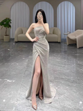 Simple Mermaid Sequin Party Dresses Long Slit Prom Dresses HZ1022