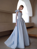 A line Light Sky Blue Party Dresses Long Satin One Shoulder Prom Dresses HZ1022