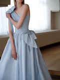 A line Light Sky Blue Party Dresses Long Satin One Shoulder Prom Dresses HZ1022