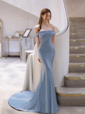 Mermaid Off The Shoulder Light Sky Blue Party Dresses Long Prom Dresses HZ1022