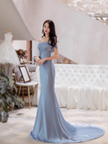 Mermaid Off The Shoulder Light Sky Blue Party Dresses Long Prom Dresses HZ1022