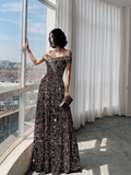 Simple A line Off The Shoulder Sequin Party Dresses Long Black Prom Dresses HZ1022
